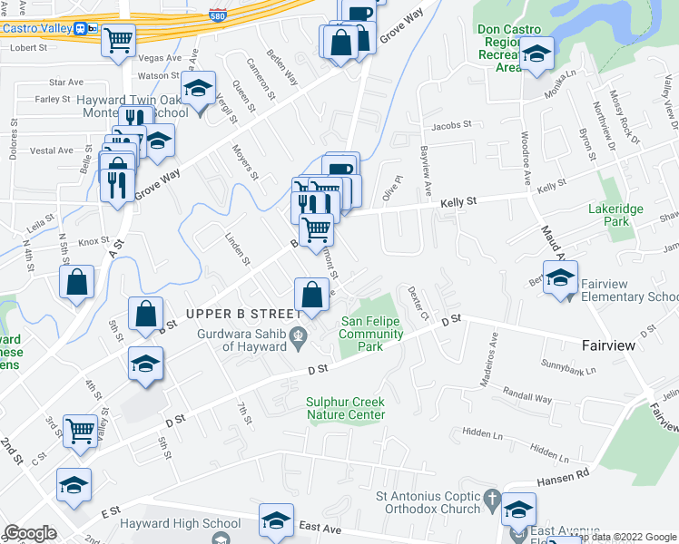 map of restaurants, bars, coffee shops, grocery stores, and more near 22782 Vermont Street in Hayward