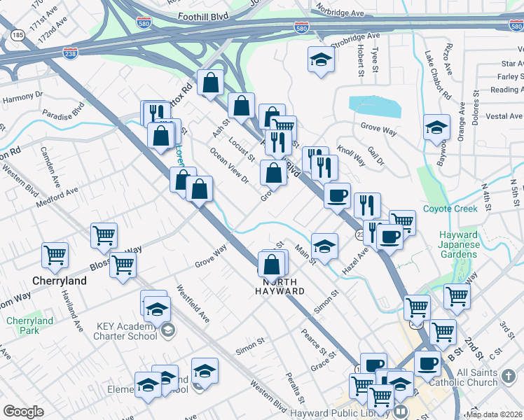map of restaurants, bars, coffee shops, grocery stores, and more near 1129 Grove Way in Hayward