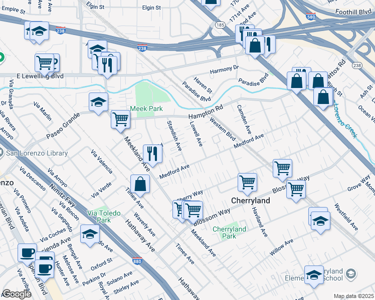 map of restaurants, bars, coffee shops, grocery stores, and more near 19037 Standish Avenue in Hayward