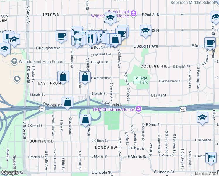 map of restaurants, bars, coffee shops, grocery stores, and more near 343 South Vassar Street in Wichita