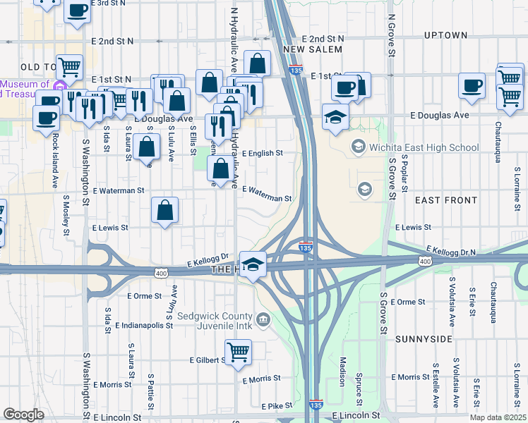 map of restaurants, bars, coffee shops, grocery stores, and more near 1808 E McKnight St in Wichita
