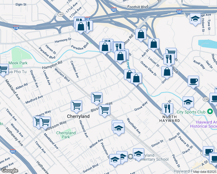 map of restaurants, bars, coffee shops, grocery stores, and more near 795 Cherry Way in Hayward