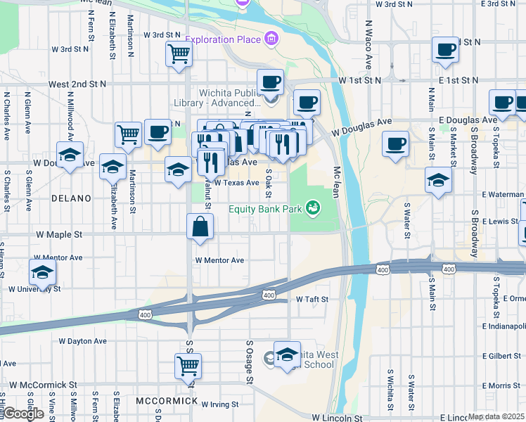 map of restaurants, bars, coffee shops, grocery stores, and more near 305 South Oak Street in Wichita