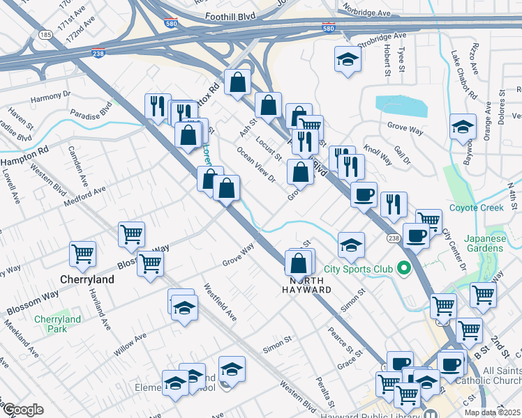 map of restaurants, bars, coffee shops, grocery stores, and more near 21425 Birch Street in Hayward