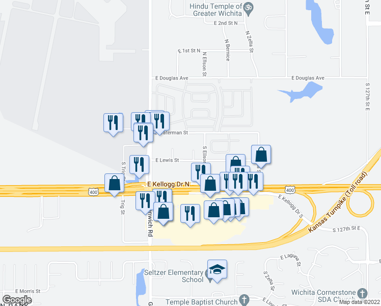 map of restaurants, bars, coffee shops, grocery stores, and more near 11426 East Lewis Street in Wichita