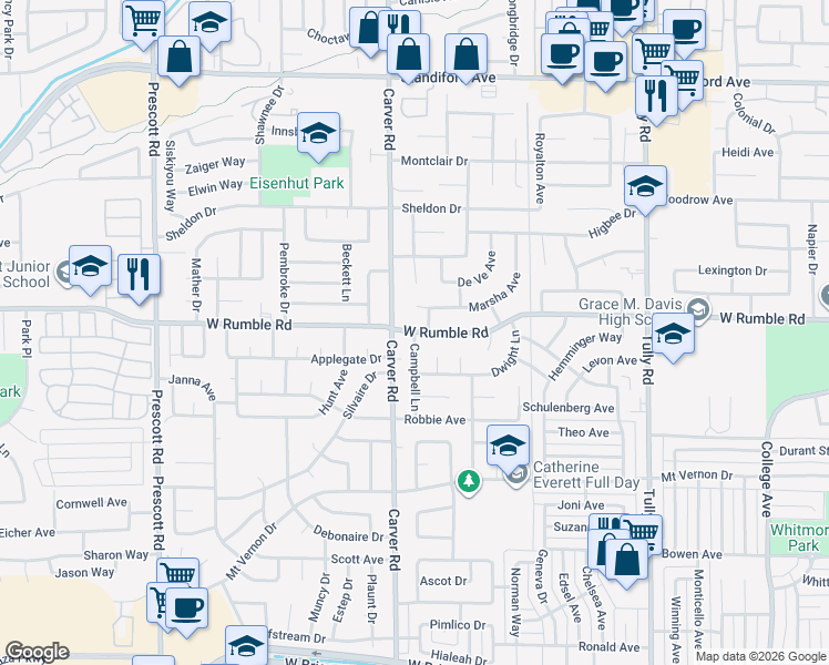 map of restaurants, bars, coffee shops, grocery stores, and more near West Rumble Road & Campbell Lane in Modesto
