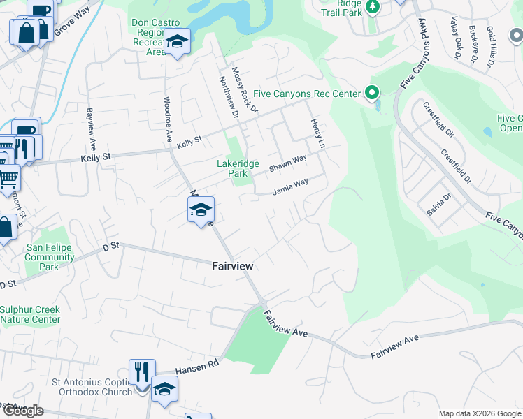 map of restaurants, bars, coffee shops, grocery stores, and more near 23587 Carlson Court in Hayward