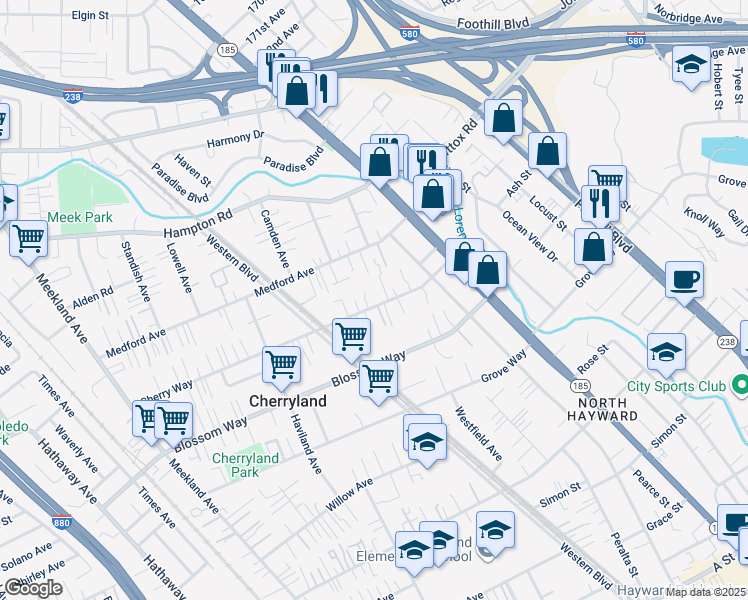 map of restaurants, bars, coffee shops, grocery stores, and more near 710 Cherry Way in Hayward
