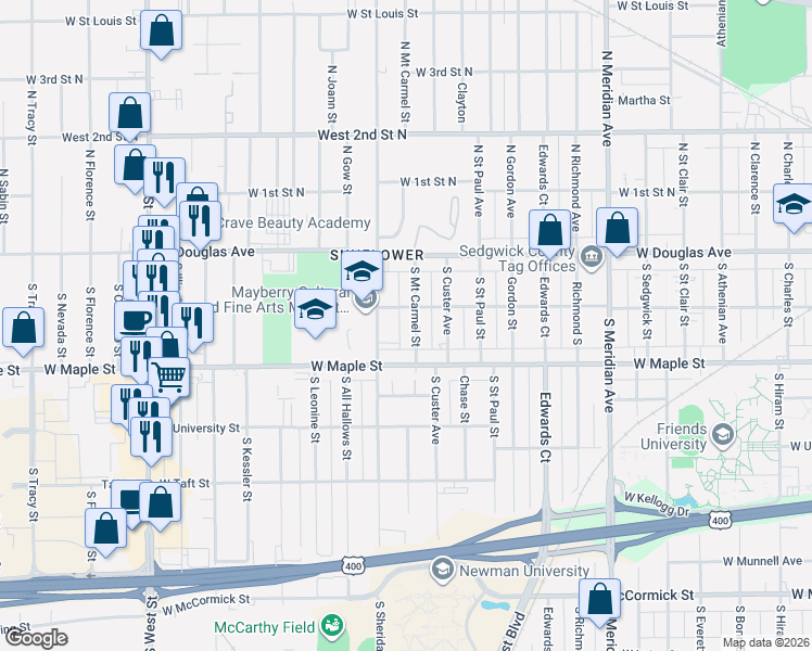 map of restaurants, bars, coffee shops, grocery stores, and more near 216 South Mount Carmel Street in Wichita