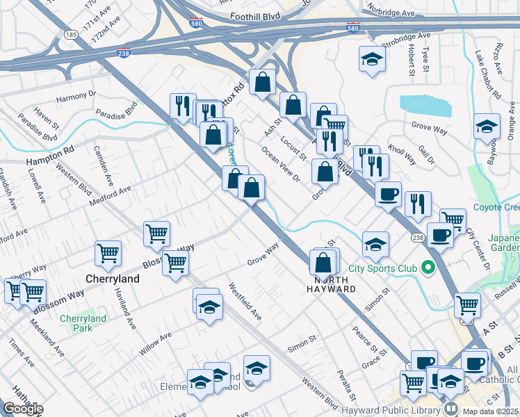 map of restaurants, bars, coffee shops, grocery stores, and more near 21386 Mission Boulevard in Hayward