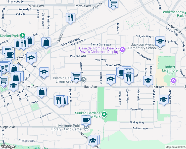 map of restaurants, bars, coffee shops, grocery stores, and more near 3864 Princeton Way in Livermore