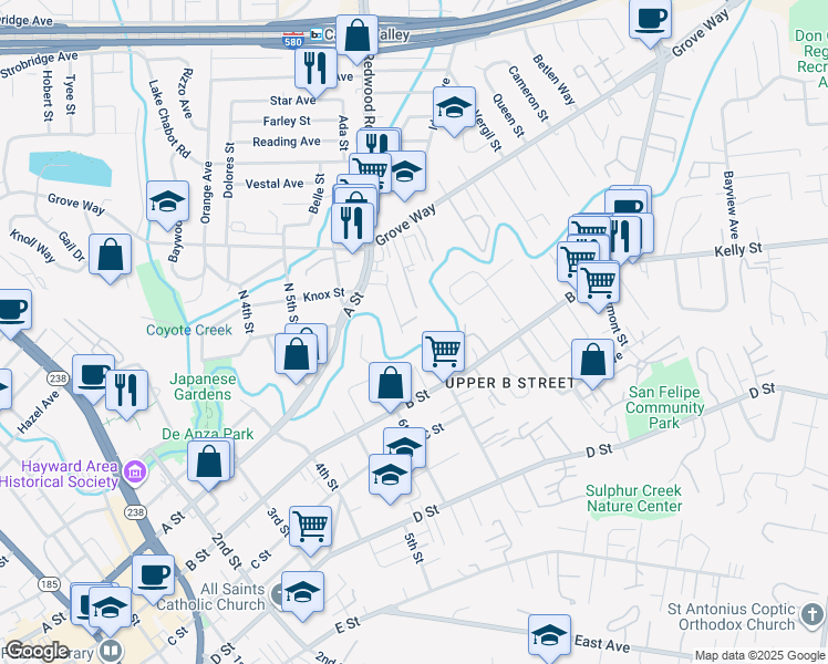 map of restaurants, bars, coffee shops, grocery stores, and more near 22516 Charlene Way in Castro Valley