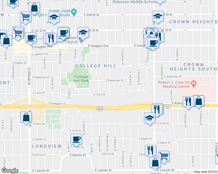 map of restaurants, bars, coffee shops, grocery stores, and more near 327 South Belmont Street in Wichita