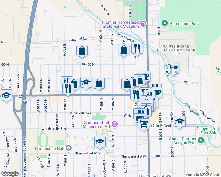 map of restaurants, bars, coffee shops, grocery stores, and more near 237 North 300 West in Cedar City