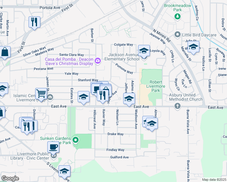 map of restaurants, bars, coffee shops, grocery stores, and more near 721 Hayes Court in Livermore