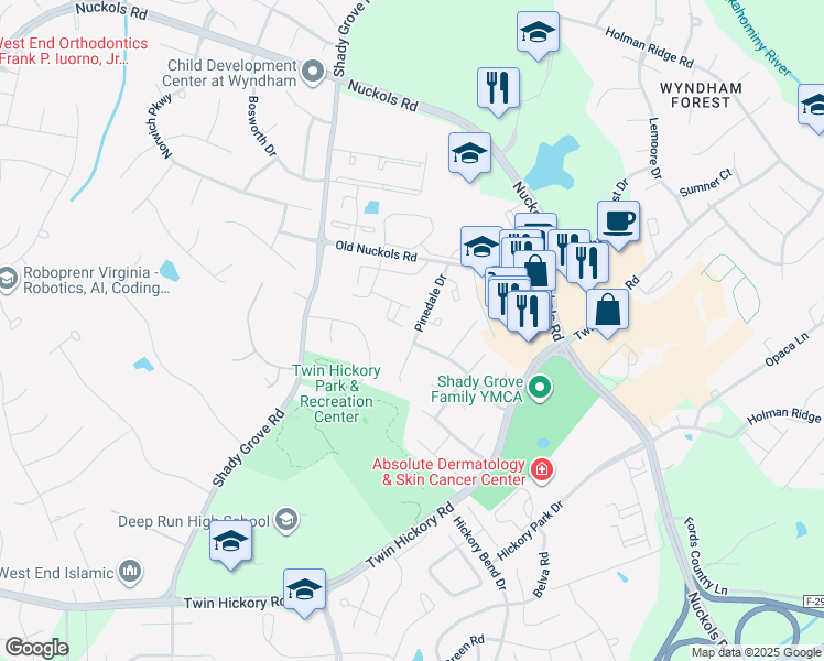 map of restaurants, bars, coffee shops, grocery stores, and more near 11452 Pinedale Drive in Glen Allen