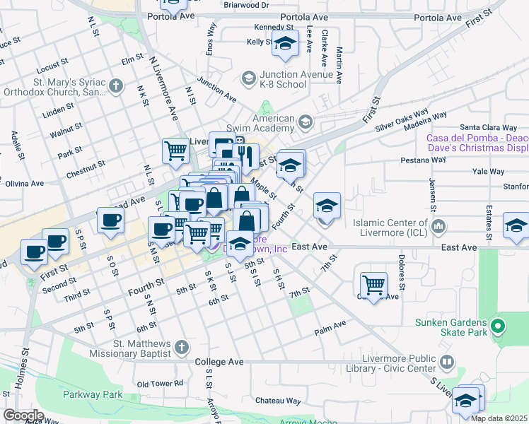 map of restaurants, bars, coffee shops, grocery stores, and more near 2409 3rd Street in Livermore