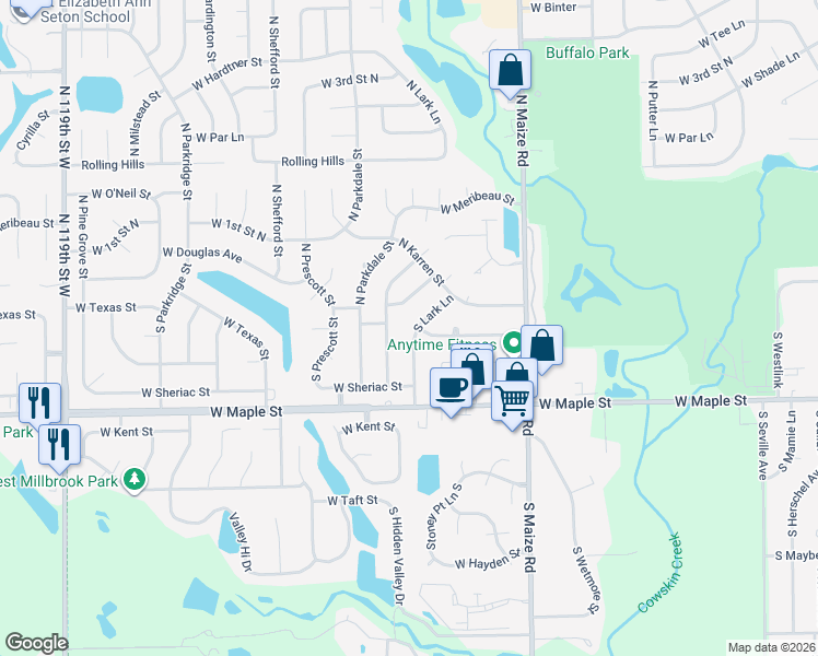 map of restaurants, bars, coffee shops, grocery stores, and more near 159 South Lark Lane in Wichita