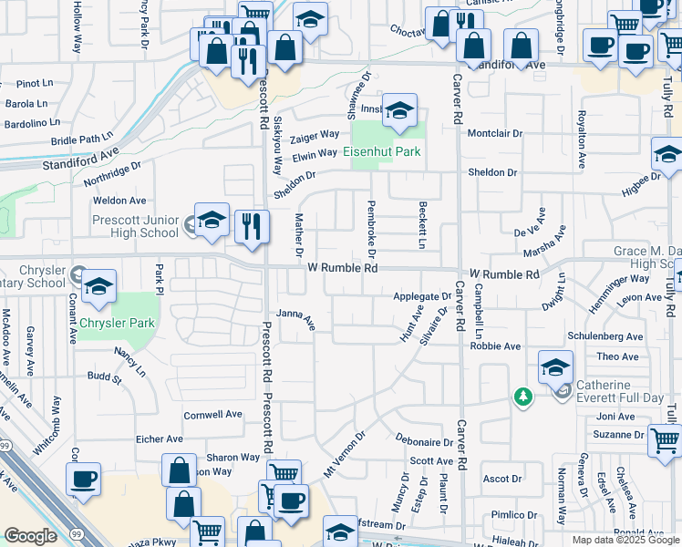 map of restaurants, bars, coffee shops, grocery stores, and more near 2012 West Rumble Road in Modesto