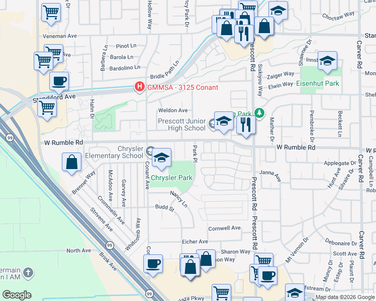 map of restaurants, bars, coffee shops, grocery stores, and more near 2817 Park Place in Modesto