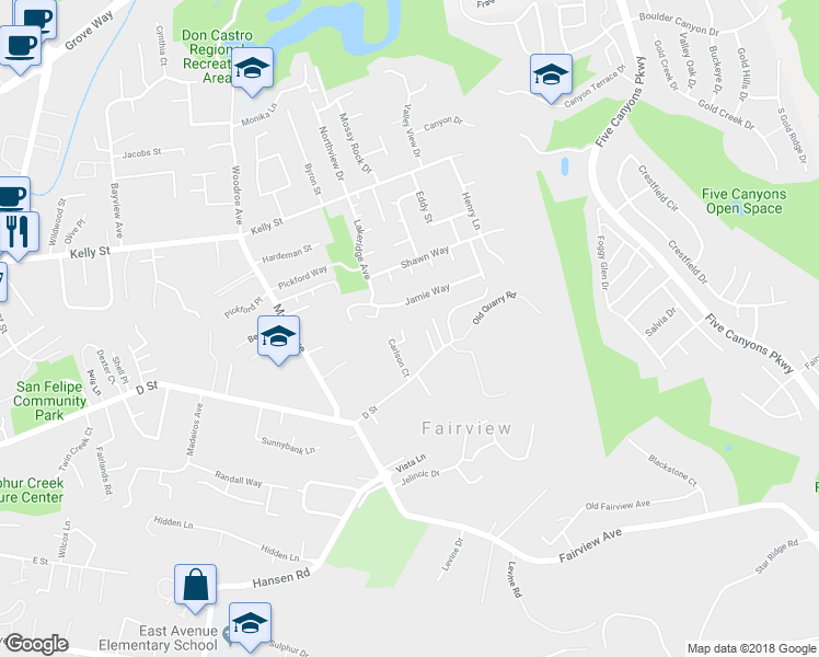 map of restaurants, bars, coffee shops, grocery stores, and more near 3280 Ohlone Way in Hayward