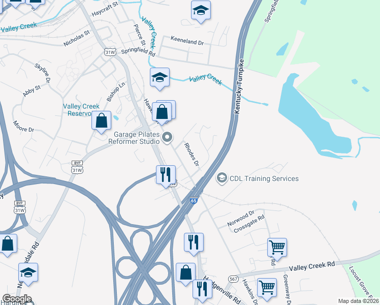 map of restaurants, bars, coffee shops, grocery stores, and more near 826 Rhodes Drive in Elizabethtown
