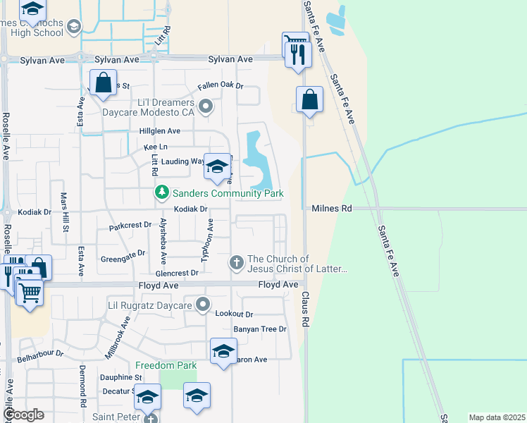 map of restaurants, bars, coffee shops, grocery stores, and more near 3909 Ruffed Grouse Lane in Modesto