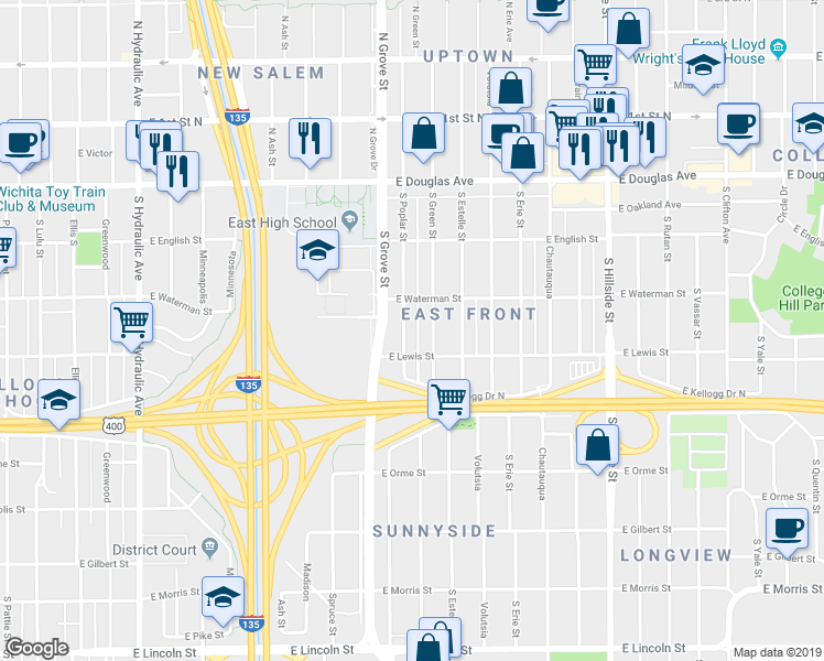 map of restaurants, bars, coffee shops, grocery stores, and more near 326 South Poplar Street in Wichita