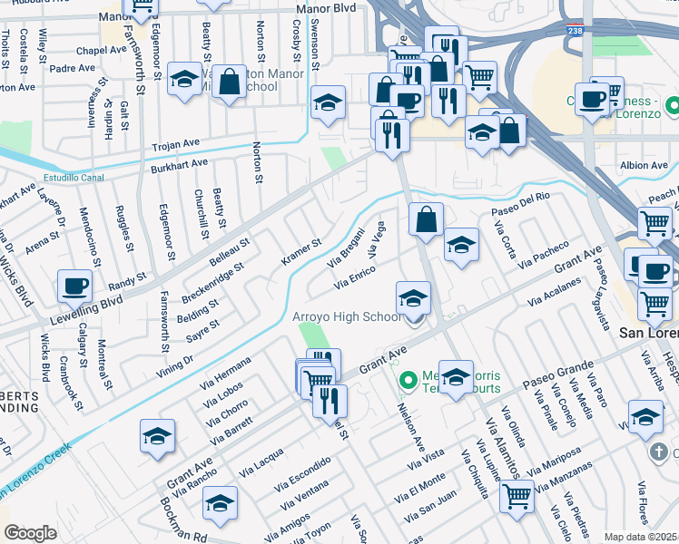 map of restaurants, bars, coffee shops, grocery stores, and more near 15586 Vía Madeline in San Lorenzo