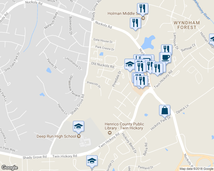 map of restaurants, bars, coffee shops, grocery stores, and more near 1417 Olde Sage Court in Glen Allen