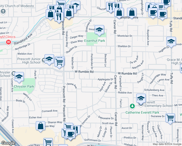 map of restaurants, bars, coffee shops, grocery stores, and more near 2826 Paso Robles Drive in Modesto