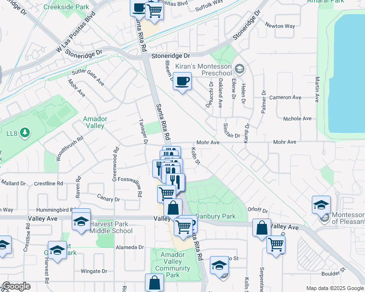 map of restaurants, bars, coffee shops, grocery stores, and more near 4245 Waycross Court in Pleasanton