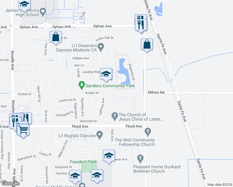 map of restaurants, bars, coffee shops, grocery stores, and more near 3809 Ruffed Grouse Lane in Modesto