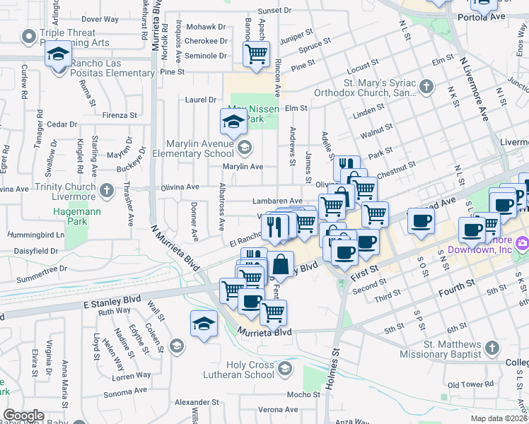map of restaurants, bars, coffee shops, grocery stores, and more near 974 Ventura Avenue in Livermore