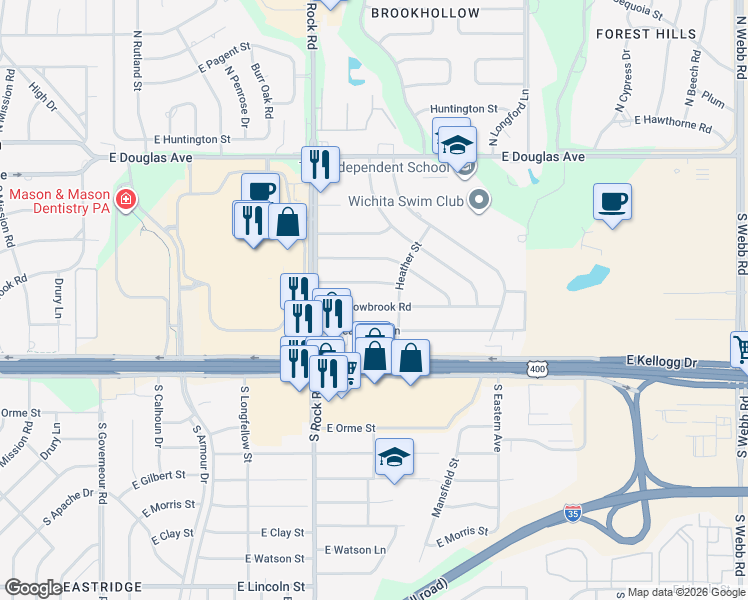 map of restaurants, bars, coffee shops, grocery stores, and more near 8114 East Willowbrook Road in Wichita