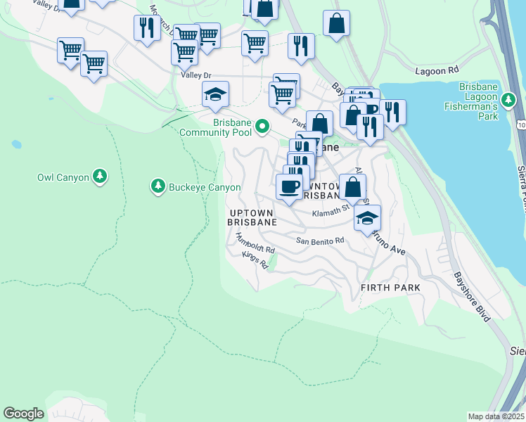 map of restaurants, bars, coffee shops, grocery stores, and more near 245 Sierra Point Road in Brisbane