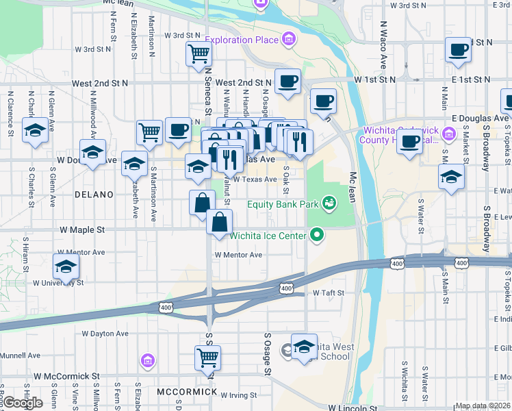 map of restaurants, bars, coffee shops, grocery stores, and more near 817 Burton Street in Wichita