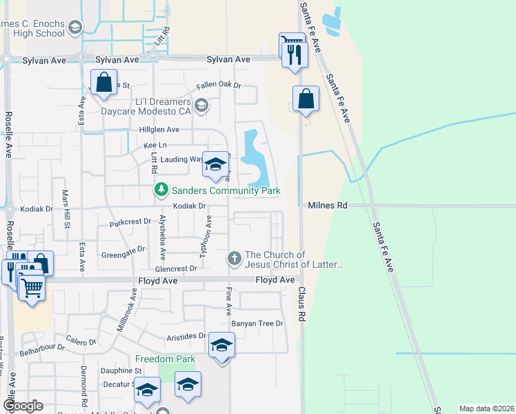 map of restaurants, bars, coffee shops, grocery stores, and more near 3909 Ruffed Grouse Lane in Modesto