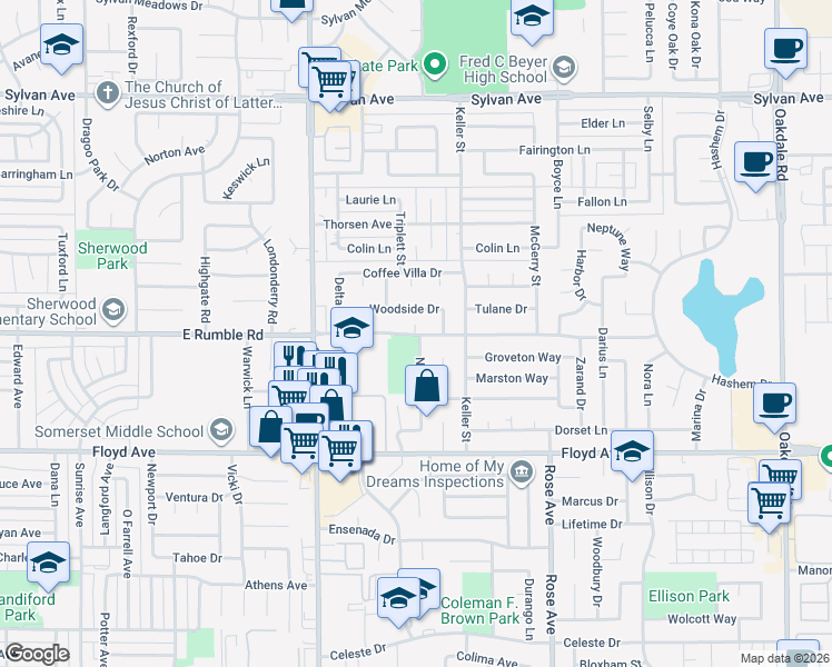 map of restaurants, bars, coffee shops, grocery stores, and more near 1419 East Rumble Road in Modesto