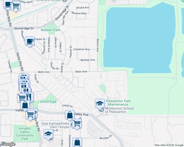 map of restaurants, bars, coffee shops, grocery stores, and more near 1441 Irongate Court in Pleasanton