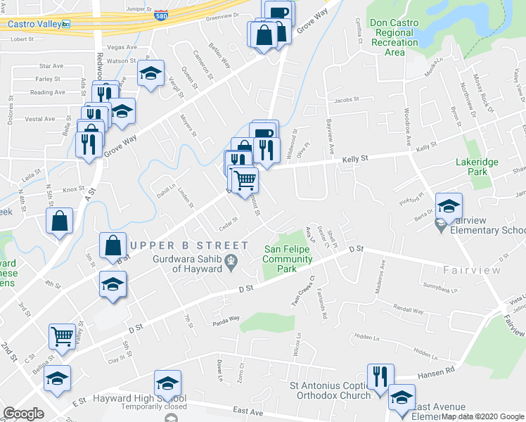 map of restaurants, bars, coffee shops, grocery stores, and more near 22782 Vermont Street in Hayward