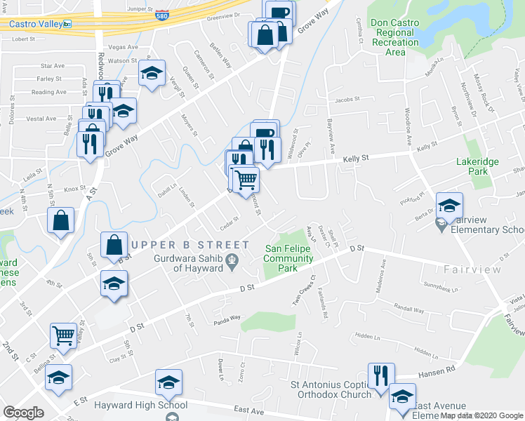 map of restaurants, bars, coffee shops, grocery stores, and more near 22782 Vermont Street in Hayward