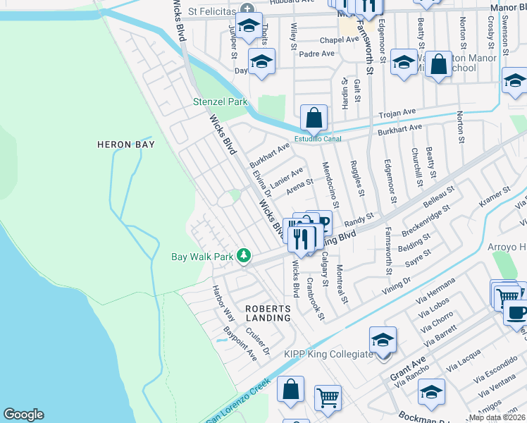 map of restaurants, bars, coffee shops, grocery stores, and more near 15355 Elvina Drive in San Leandro