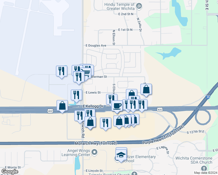map of restaurants, bars, coffee shops, grocery stores, and more near 11426 East Lewis Street in Wichita