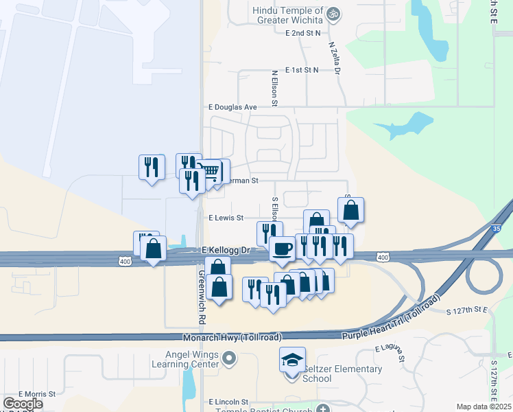 map of restaurants, bars, coffee shops, grocery stores, and more near 11426 East Lewis Street in Wichita