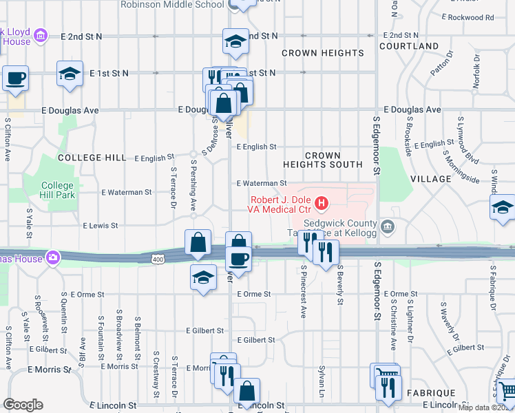 map of restaurants, bars, coffee shops, grocery stores, and more near 4815 East Lewis Street in Wichita