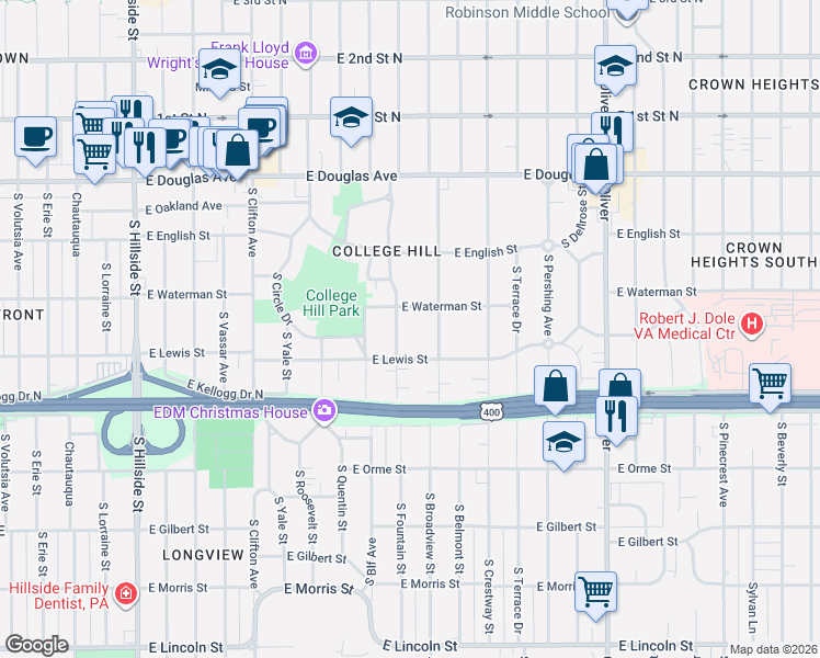 map of restaurants, bars, coffee shops, grocery stores, and more near 328 South Fountain Street in Wichita