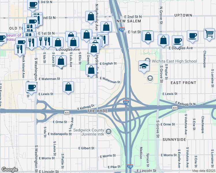map of restaurants, bars, coffee shops, grocery stores, and more near 1808 East McKnight Street in Wichita