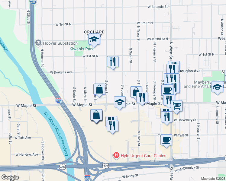 map of restaurants, bars, coffee shops, grocery stores, and more near 234 South Anna Street in Wichita