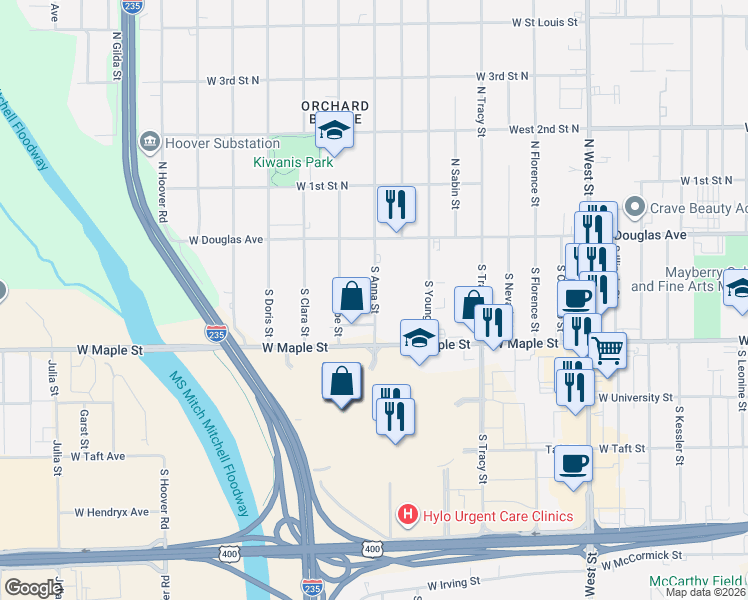 map of restaurants, bars, coffee shops, grocery stores, and more near 234 South Anna Street in Wichita